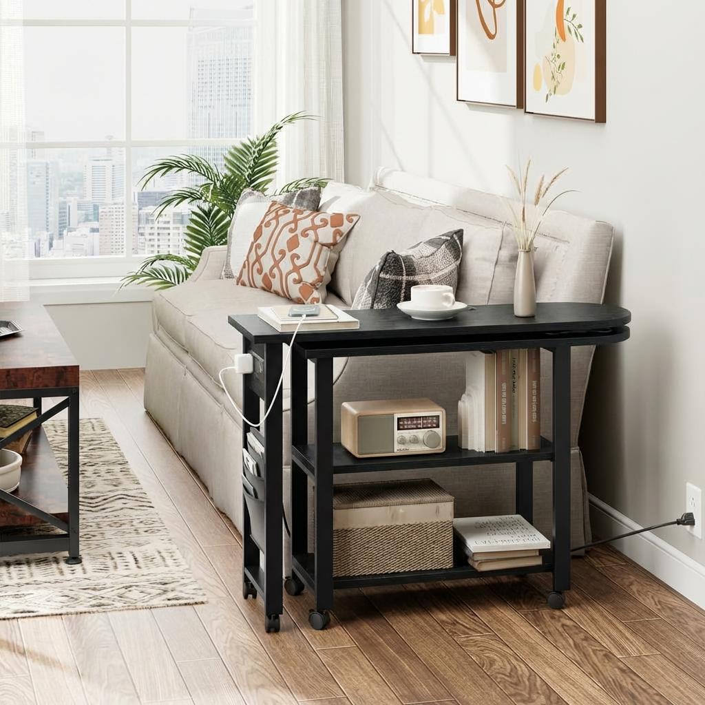 Garvee 360° Rotatable End Table with Charging Station, Extra Storage, Lockable Wheels, MDF & Metal, for Bedroom, Living Room, Black