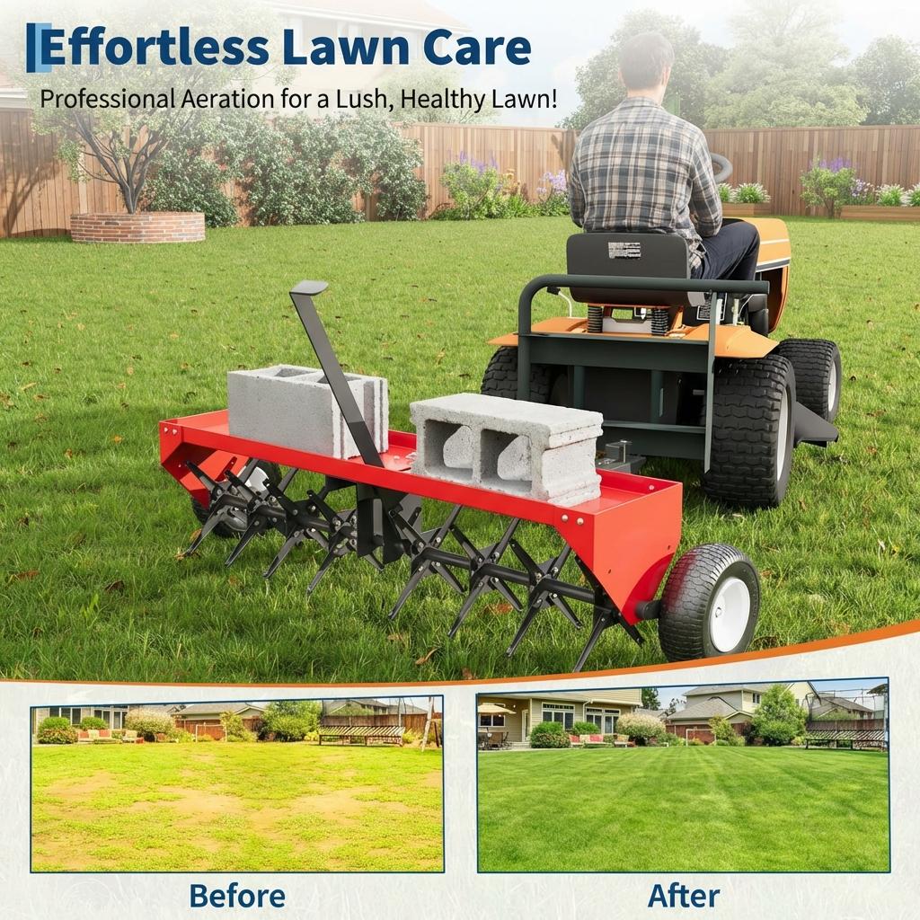 Garvee Heavy-Duty Steel Tow-Behind Lawn Plug Aerator – 48 Inch Global Hitch – Tractor Soil Aeration Attachment – Red – 48 Inch|Red