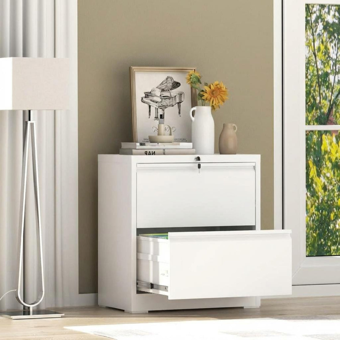 Garvee 2 Drawer File Cabinet with Lock, Metal Lateral File Cabinets for Home Office, Steel Wide Filing Organization Storage Cabinets for Hanging Files Letter/Legal/F4/A4 Size, White