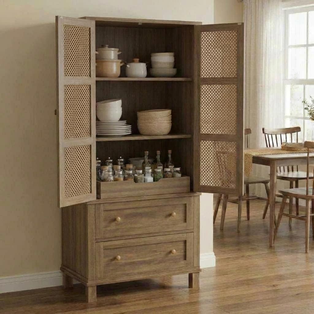 Garvee Wood Freestanding Kitchen Pantry with Rattan Doors, Adjustable Shelves and Drawers forKitchen, Walnut