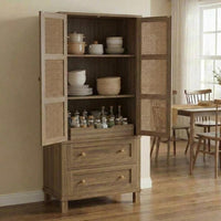 Garvee Wood Freestanding Kitchen Pantry with Rattan Doors, Adjustable Shelves and Drawers forKitchen, Walnut