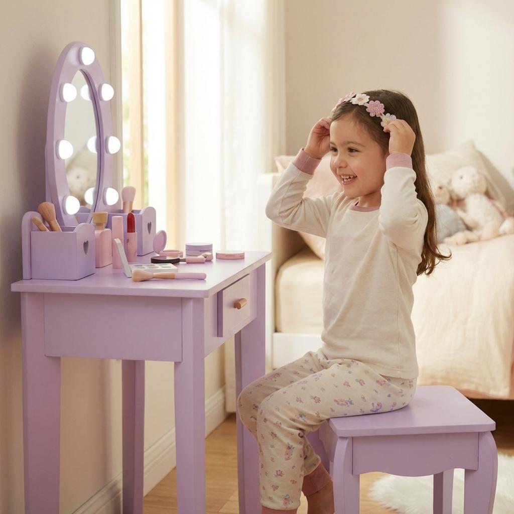Garvee Kids Vanity with Lights, Kids Vanity Table and Chair Set with Mirror & Storage Drawer, Little Princess Makeup Table with Stool for Girls, Purple