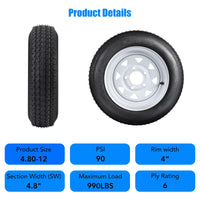 480-12 4.80x12 Trailer Tires 2Pk, 12" Rims for Stability