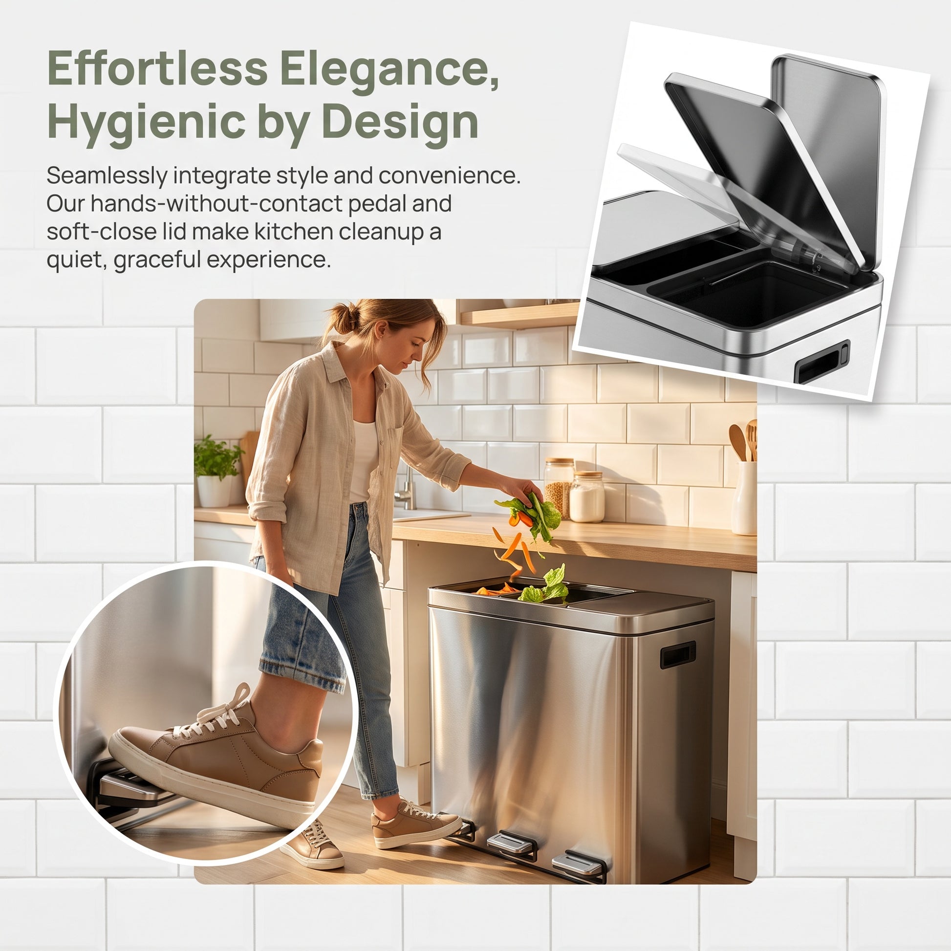Garvee Trash Can, 3 x 4-Gallon Garbage Can for Kitchen, 3 Compartments for Recycling and Trash, Plastic Inner Buckets and Hinged Lids, Wide Stainless Steel Shape (15 + 15 + 15 for 45L Total), Silver