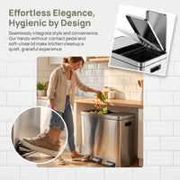 Garvee Trash Can, 3 x 4-Gallon Garbage Can for Kitchen, 3 Compartments for Recycling and Trash, Plastic Inner Buckets and Hinged Lids, Wide Stainless Steel Shape (15 + 15 + 15 for 45L Total), Silver