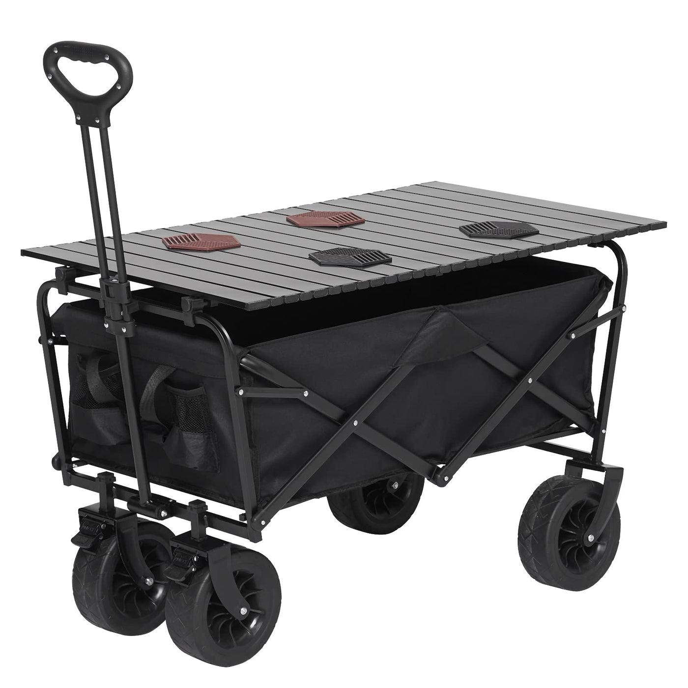 GARVEE 8 inch All Terrain Wheels Collapsible Outdoor Camping Wagon  Iron Folding Table top 4 Plate mats without brakes