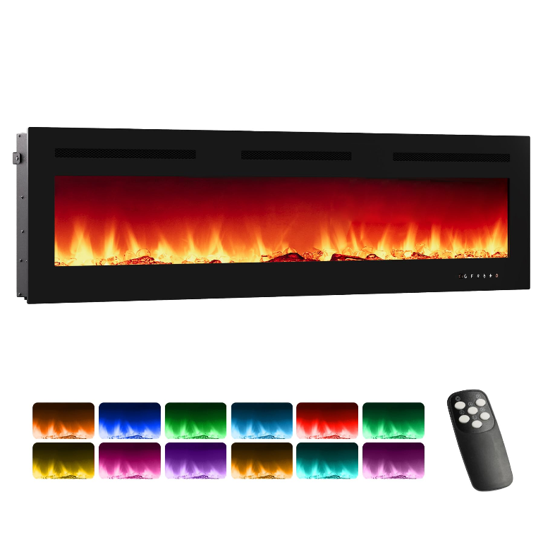Garvee 80 Inch Recessed Wall Mounted Electric Fireplace, 1500W Heater with Remote Control, 12 Flame Colors and Adjustable Settings, Timer, Black