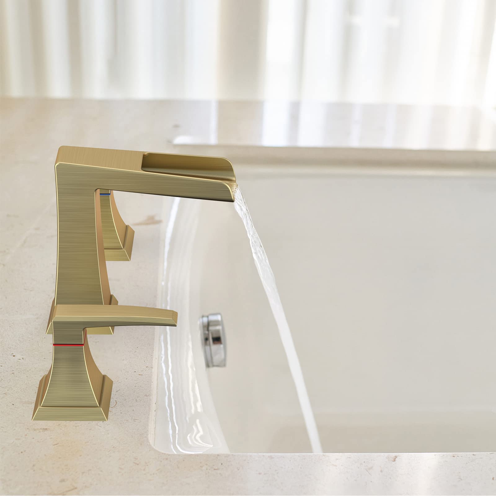 3-Hole Waterfall Bathtub Faucet Set, Brushed Gold with Lines